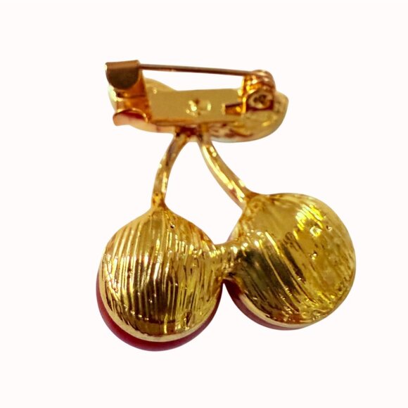 Red Enamel Cherry Brooch Pin Green Acrylic Gem Gold Tone Metal - Picture 5 of 14